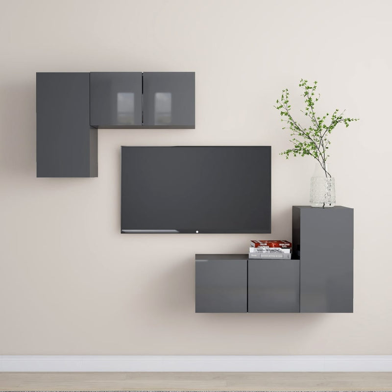 4 Piece TV Cabinet Set High Gloss Grey Engineered Wood