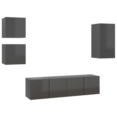 5 Piece TV Cabinet Set High Gloss Grey Engineered Wood