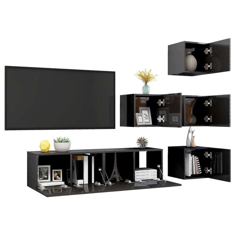 6 Piece TV Cabinet Set High Gloss Grey Engineered Wood