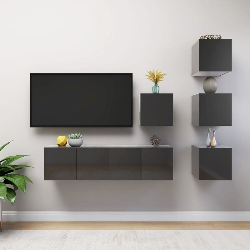 6 Piece TV Cabinet Set High Gloss Grey Engineered Wood