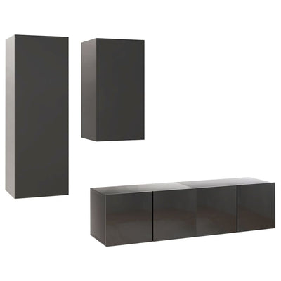 4 Piece TV Cabinet Set High Gloss Grey Engineered Wood