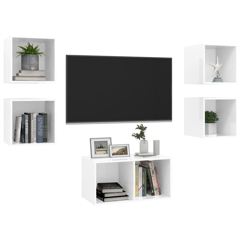 5 Piece TV Cabinet Set High Gloss White Engineered Wood