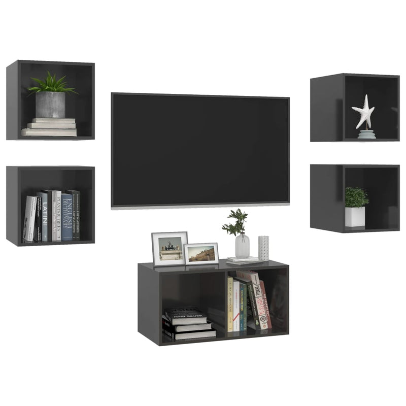 5 Piece TV Cabinet Set High Gloss Grey Engineered Wood