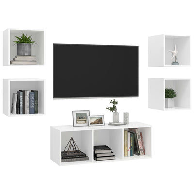 5 Piece TV Cabinet Set White Engineered Wood