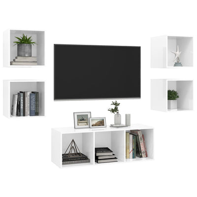 5 Piece TV Cabinet Set High Gloss White Engineered Wood