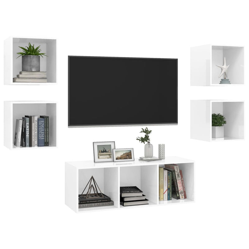 5 Piece TV Cabinet Set High Gloss White Engineered Wood