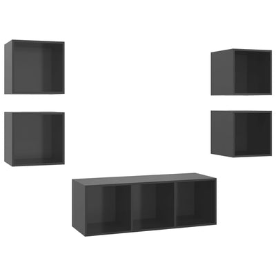 5 Piece TV Cabinet Set High Gloss Grey Engineered Wood