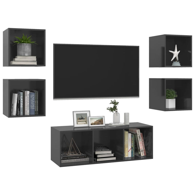 5 Piece TV Cabinet Set High Gloss Grey Engineered Wood