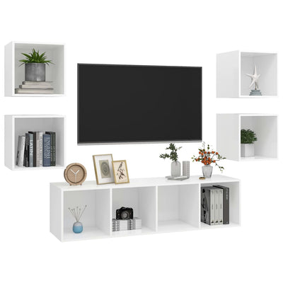 5 Piece TV Cabinet Set White Engineered Wood