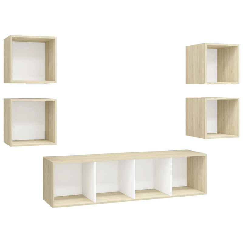 5 Piece TV Cabinet Set White and Sonoma Oak Engineered Wood