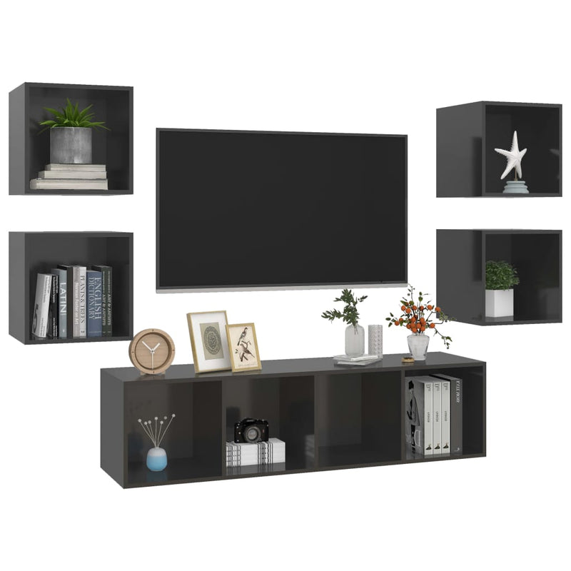 5 Piece TV Cabinet Set High Gloss Grey Engineered Wood