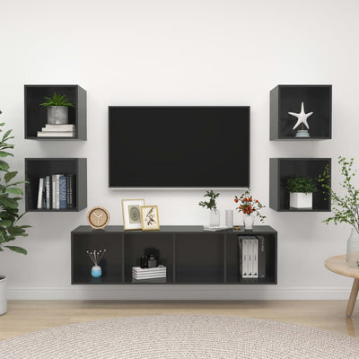 5 Piece TV Cabinet Set High Gloss Grey Engineered Wood