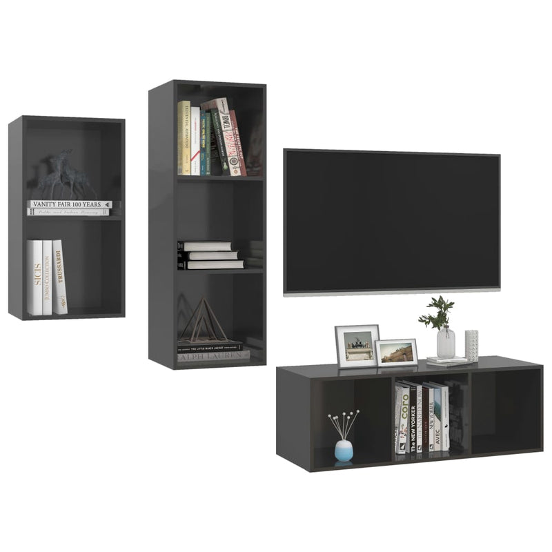 3 Piece TV Cabinet Set High Gloss Grey Engineered Wood