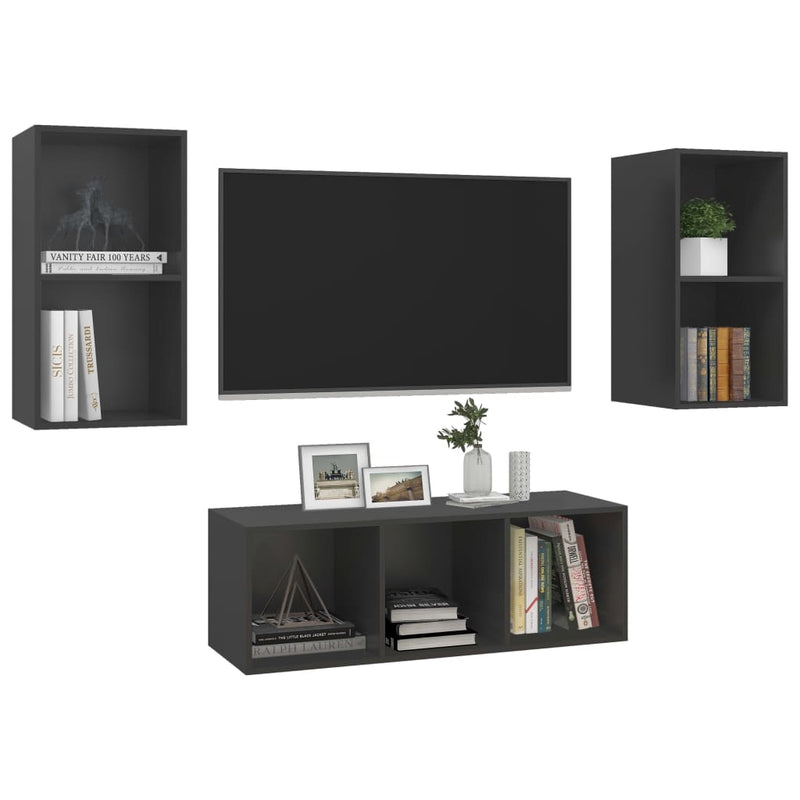 3 Piece TV Cabinet Set Grey Engineered Wood