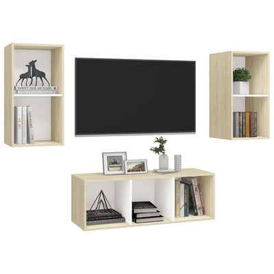 3 Piece TV Cabinet Set White and Sonoma Oak Engineered Wood