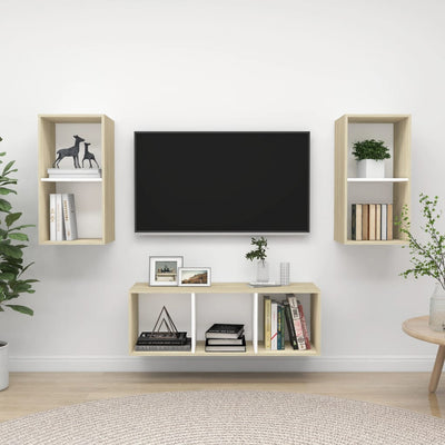 3 Piece TV Cabinet Set White and Sonoma Oak Engineered Wood