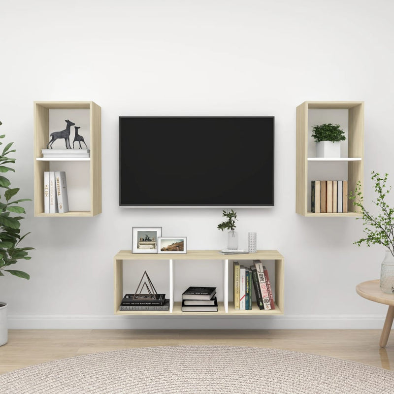 3 Piece TV Cabinet Set White and Sonoma Oak Engineered Wood