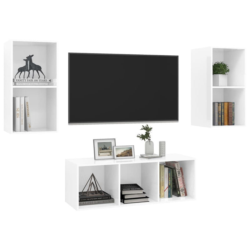 3 Piece TV Cabinet Set High Gloss White Engineered Wood