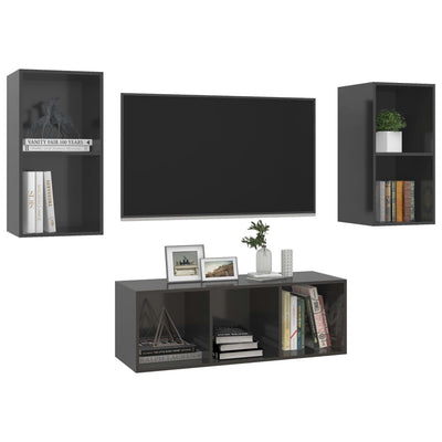 3 Piece TV Cabinet Set High Gloss Grey Engineered Wood