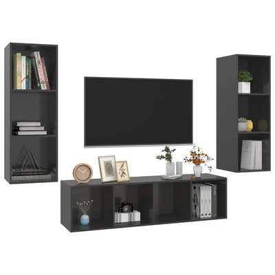 3 Piece TV Cabinet Set High Gloss Grey Engineered Wood