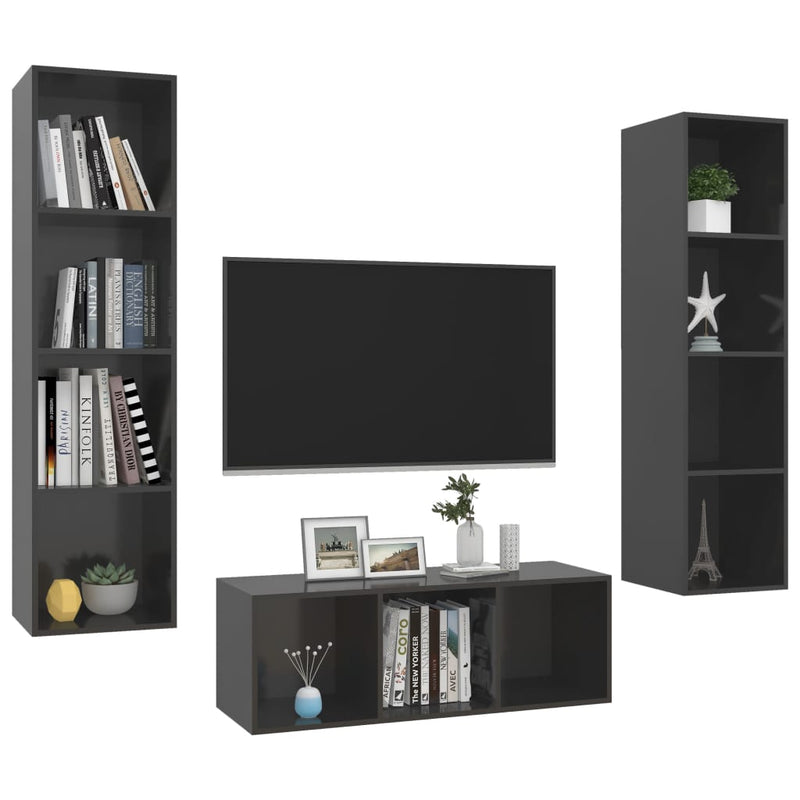 3 Piece TV Cabinet Set High Gloss Grey Engineered Wood