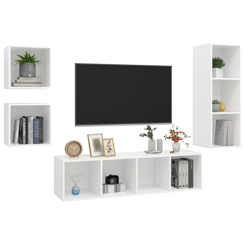 4 Piece TV Cabinet Set White Engineered Wood