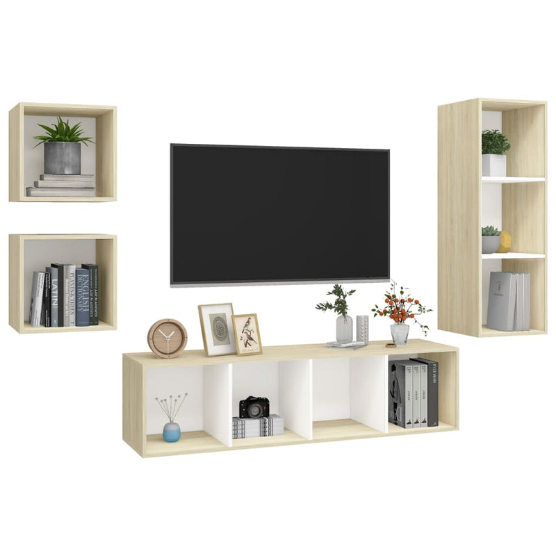 4 Piece TV Cabinet Set White and Sonoma Oak Engineered Wood