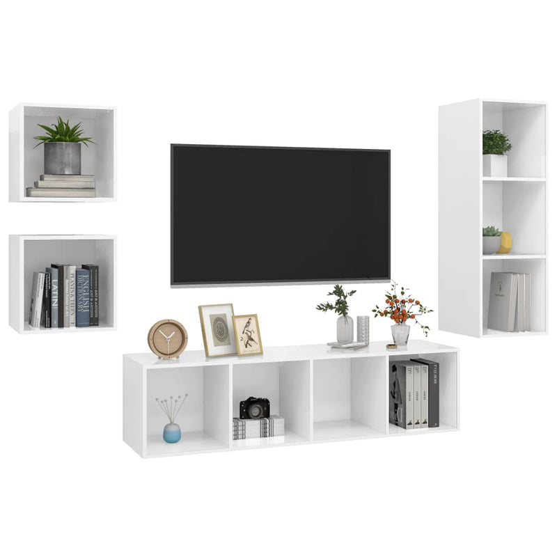 4 Piece TV Cabinet Set High Gloss White Engineered Wood