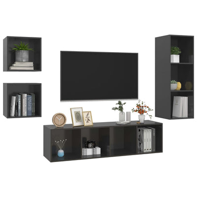 4 Piece TV Cabinet Set High Gloss Grey Engineered Wood