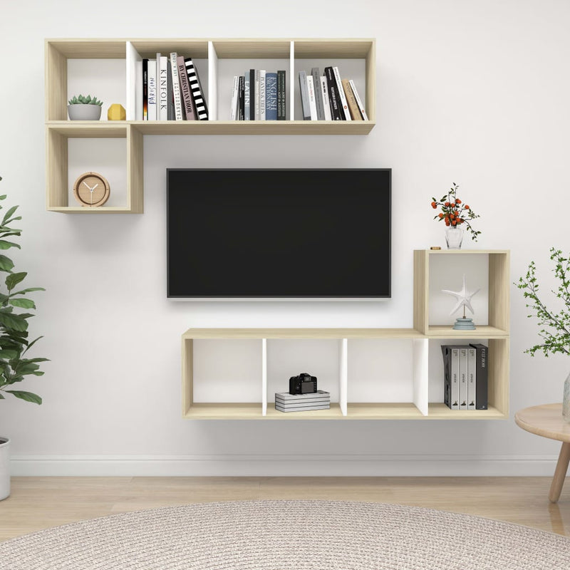 4 Piece TV Cabinet Set White and Sonoma Oak Engineered Wood