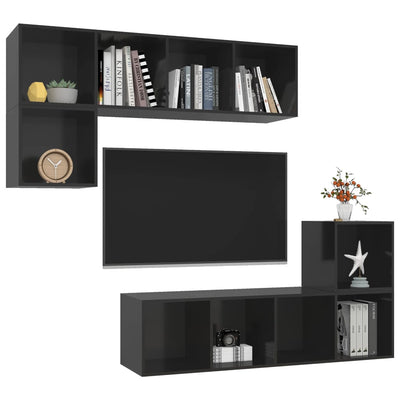 4 Piece TV Cabinet Set High Gloss Black Engineered Wood