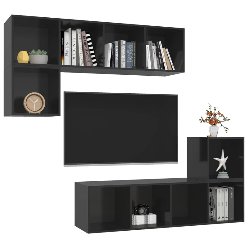 4 Piece TV Cabinet Set High Gloss Black Engineered Wood