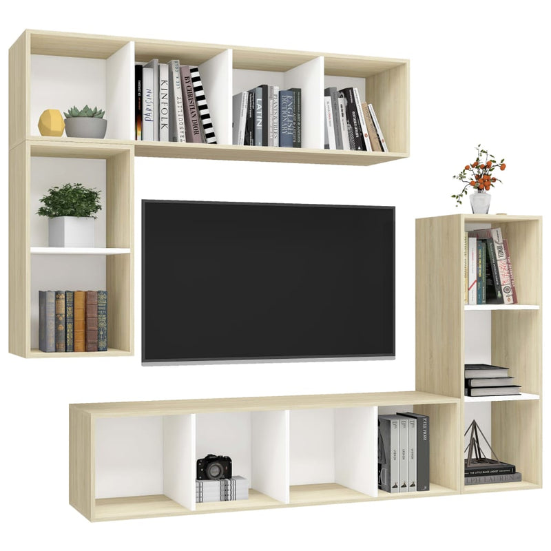 4 Piece TV Cabinet Set White and Sonoma Oak Engineered Wood ??805476+805485+2x805494)