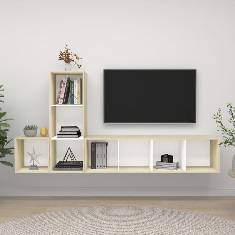 3 Piece TV Cabinet Set White and Sonoma Oak Engineered Wood