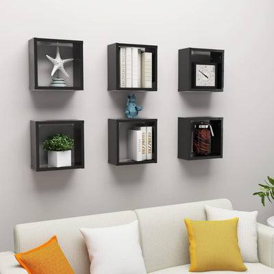 Wall Cube Shelves 6 pcs High Gloss Black 30x15x30 cm