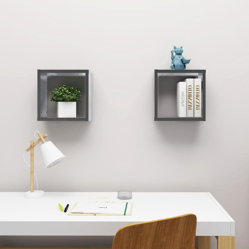 Wall Cube Shelves 2 pcs High Gloss Grey 30x15x30 cm