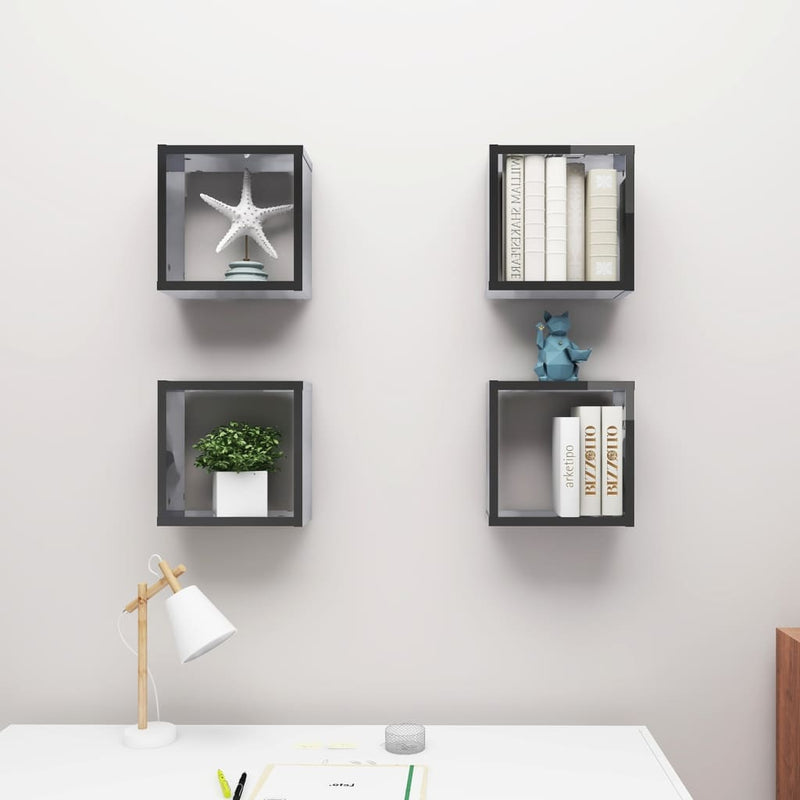 Wall Cube Shelves 4 pcs High Gloss Grey 30x15x30 cm