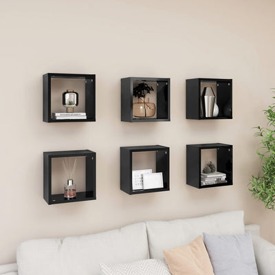 Wall Cube Shelves 6 pcs High Gloss Black 26x15x26 cm