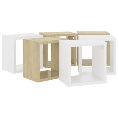 Wall Cube Shelves 6 pcs White and Sonoma Oak 22x15x22 cm