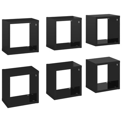 Wall Cube Shelves 6 pcs High Gloss Black 22x15x22 cm