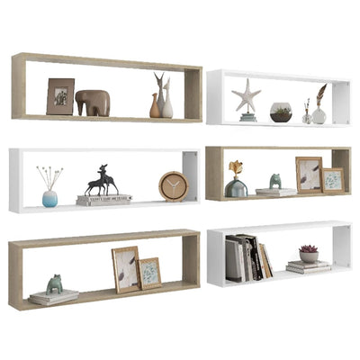 Wall Cube Shelves 6 pcs White&Sonoma Oak 100x15x30 cm Engineered Wood