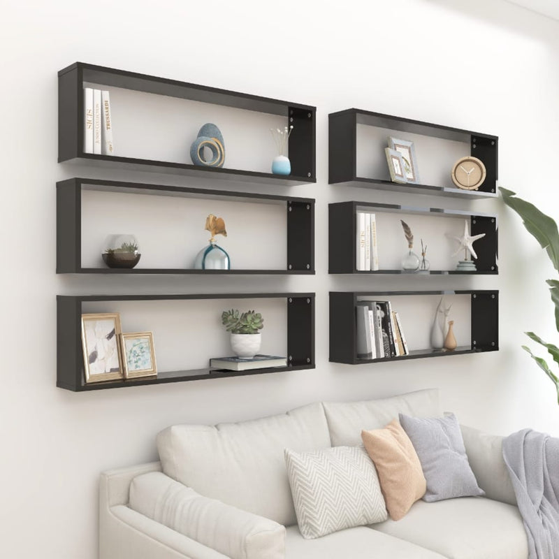 Wall Cube Shelves 6 pcs High Gloss Black 100x15x30 cm Engineered Wood