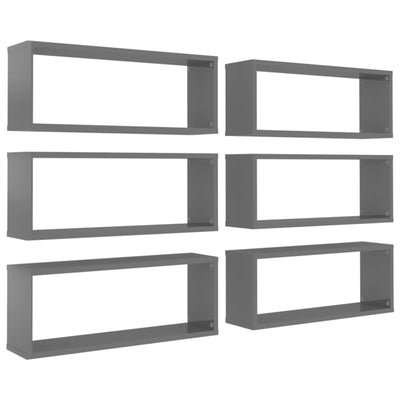 Wall Cube Shelves 6 pcs High Gloss Grey 60x15x23 cm Engineered Wood