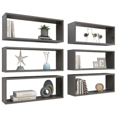 Wall Cube Shelves 6 pcs High Gloss Grey 60x15x23 cm Engineered Wood