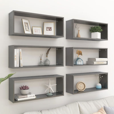 Wall Cube Shelves 6 pcs High Gloss Grey 60x15x23 cm Engineered Wood