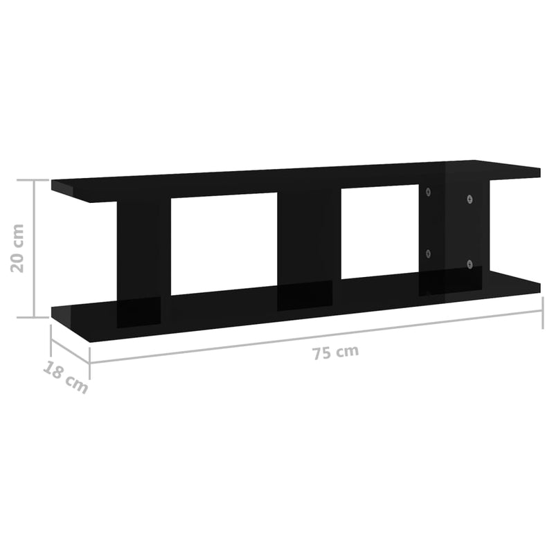 Wall Shelves 2 pcs High Gloss Black 75x18x20 cm Engineered Wood