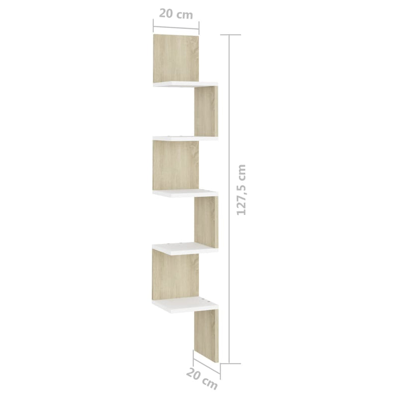 Wall Corner Shelf White and Sonoma Oak 20x20x127.5 cm Engineered Wood