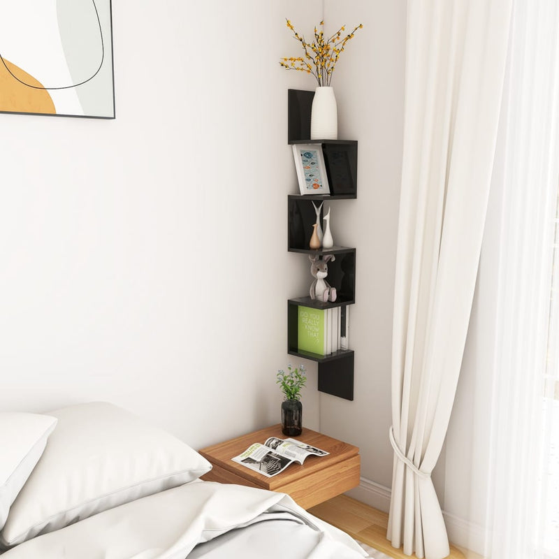 Wall Corner Shelf High Gloss Black 20x20x127.5 cm Engineered Wood