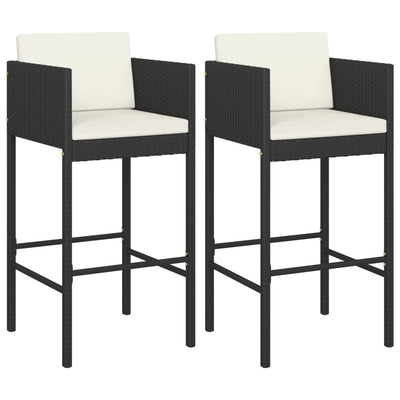 Bar Stools 2 pcs with Cushions Black Poly Rattan