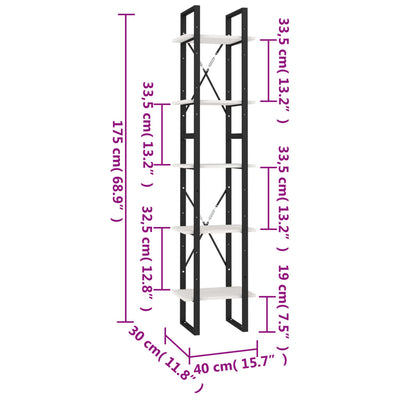 5-Tier Book Cabinet White 40x30x175 cm Pinewood